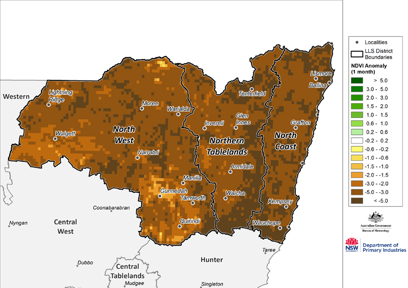 Figure 19. Monthly NDVI anomaly map for the North West, Northern Tableland and North Coast regions For an accessible explanation of this graphic contact the author scott.wallace@dpi.nsw.gov.au