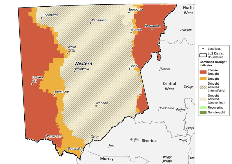 Figure 16. Combined Drought Indicator for the Western region For an accessible explanation of this map contact the author seasonal.conditions@dpi.nsw.gov.au