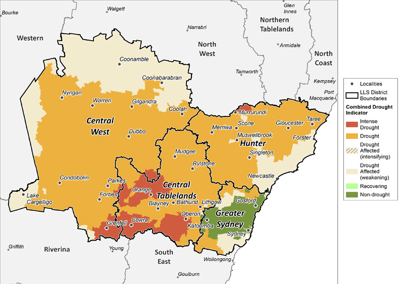 Figure 23. Combined Drought Indicator for the Central Tablelands, Central West, Hunter and Greater Sydney regions For an accessible explanation of this image contact the author seasonal.conditions@dpi.nsw.gov.au