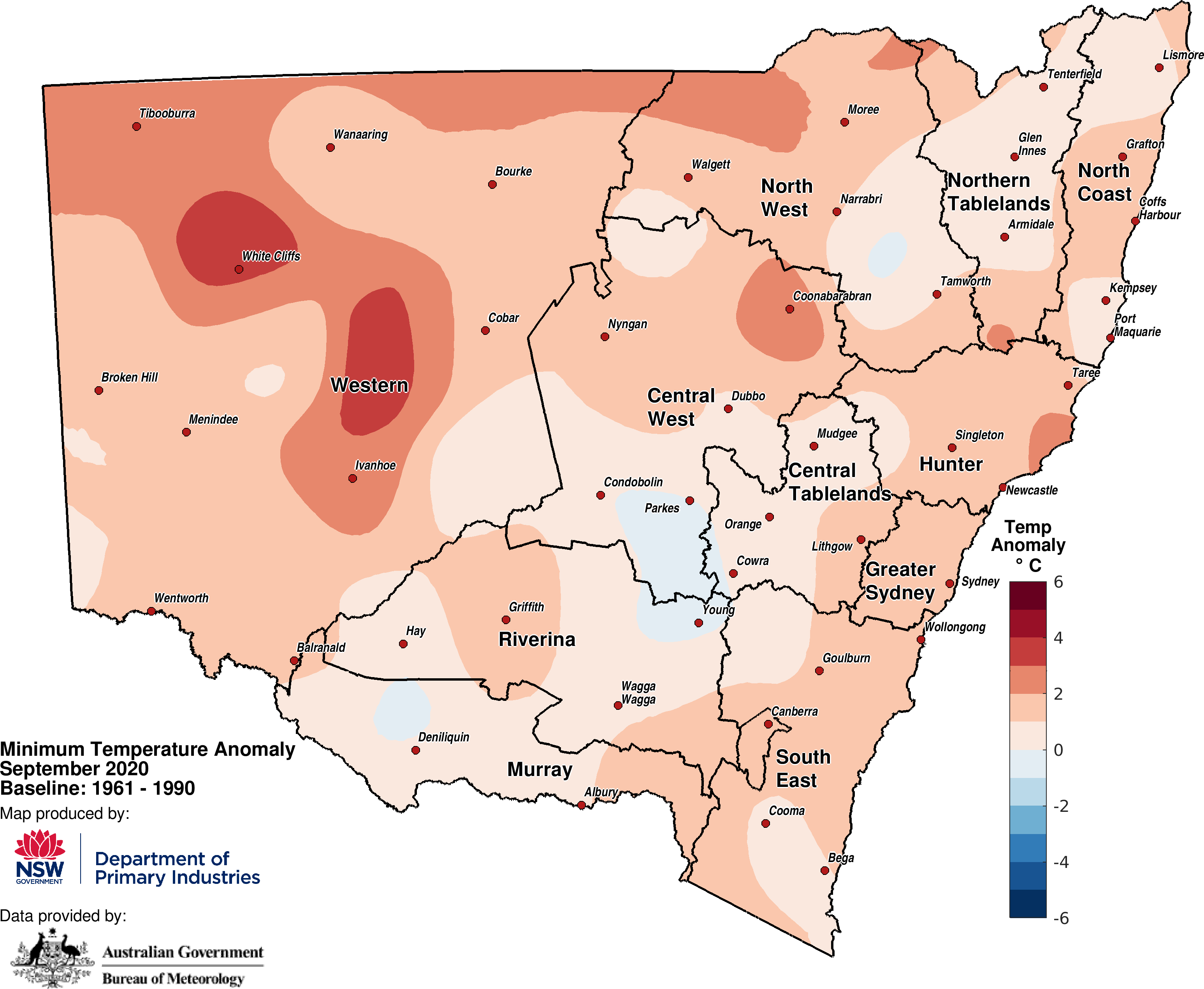 Figure 3c. Average minimum temperature anomaly– September 2020 For an accessible explanation of this map contact the author scott.wallace@dpi.nsw.gov.au