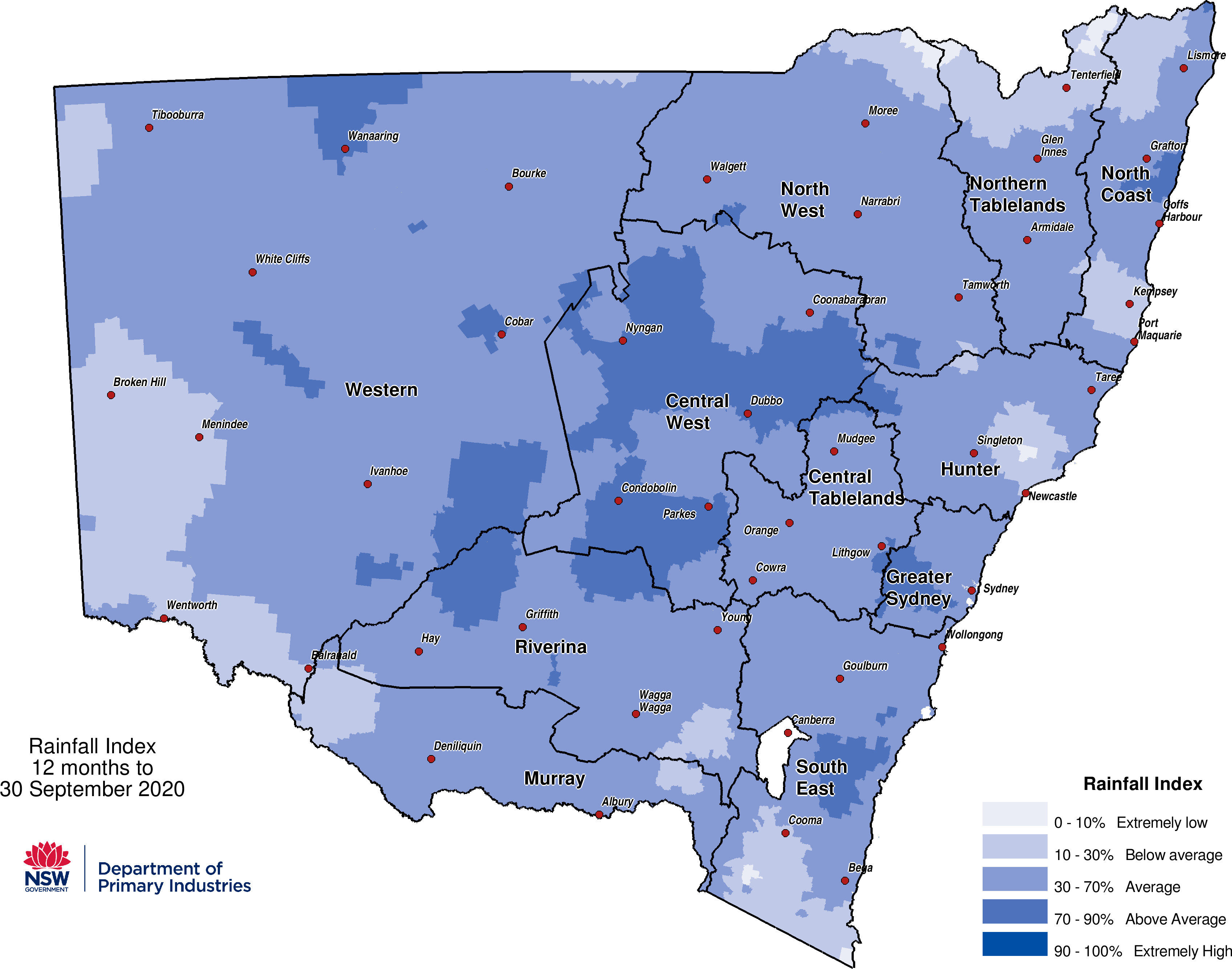 Figure 10. Rainfall Index (RI) to 30 September 2020 For an accessible explanation of this map contact the author scott.wallace@dpi.nsw.gov.au