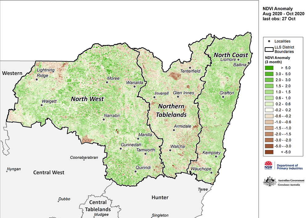 Figure 18. NDVI anomaly map for the North West, Northern Tableland and North Coast regions For an accessible explanation of this map contact the author seasonal.conditions@dpi.nsw.gov.au