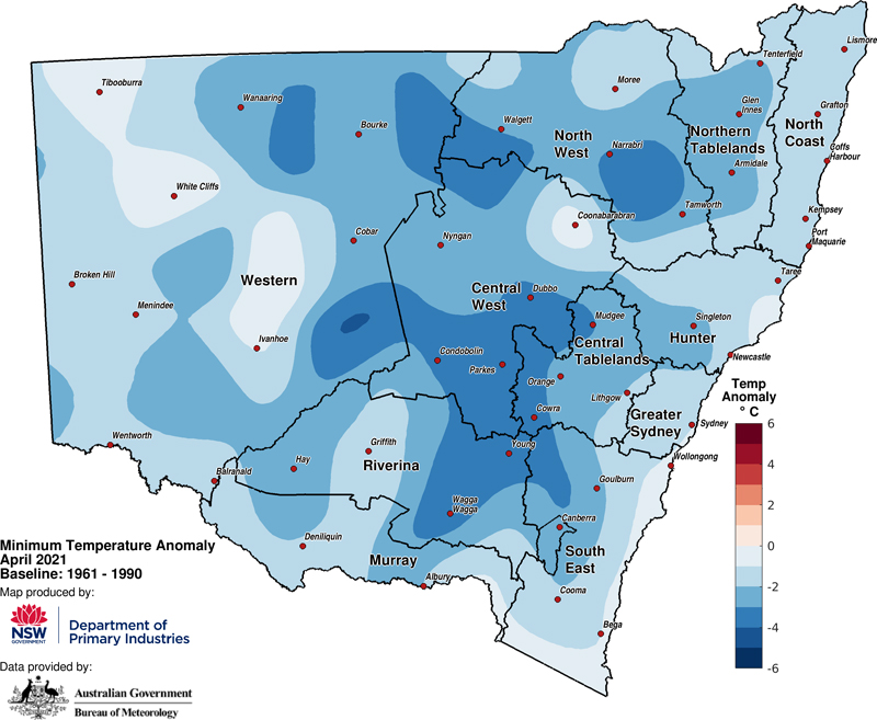 Figure 3c. Average minimum temperature anomaly &ndash; April 2021