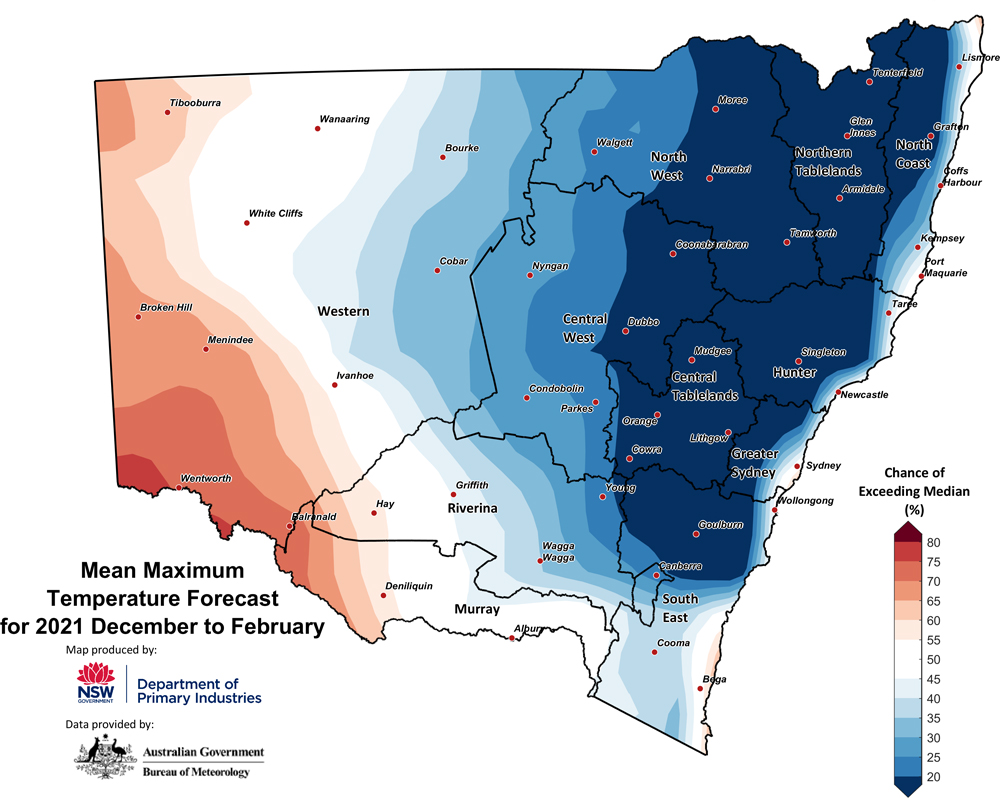 Figure 27. Seasonal average maximum temperature outlook for NSW issued on 02 December November 2021 Figure 27. Seasonal average maximum temperature outlook for NSW issued on 02 December November 2021