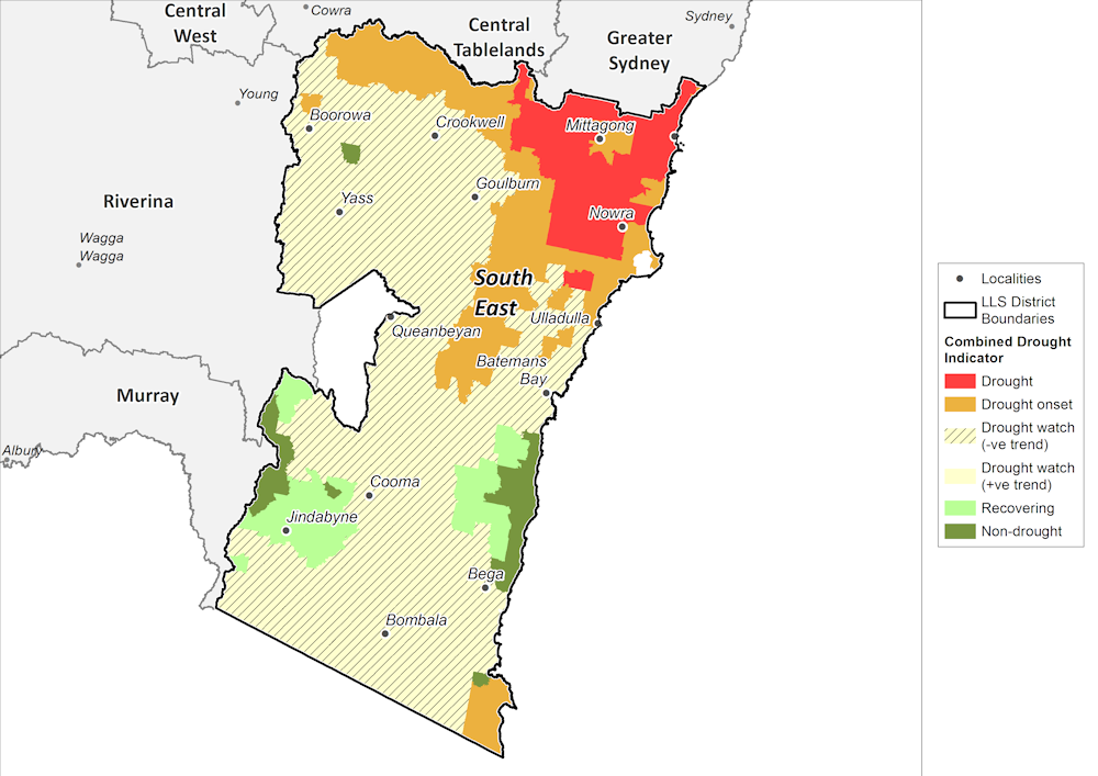 Figure 19. Combined Drought Indicator for the South East region For an accessible explanation of this map contact the author kim.broadfoot@dpi.nsw.gov.au
