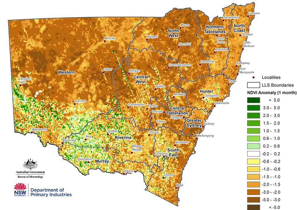 Figure 3. NDVI anomaly May 2018 (note data quality problems for southern part of NSW) For an accessible explanation of this map contact the author kim.broadfoot@dpi.nsw.gov.au