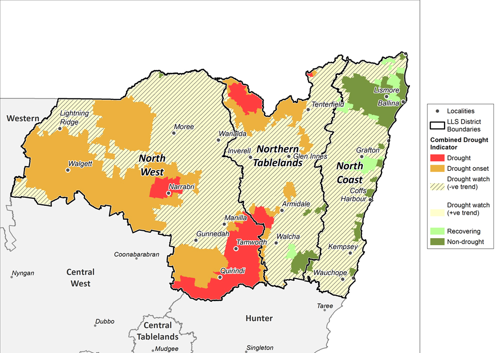 Figure 15. Combined Drought Indicator for the North West, Northern Tableland and North Coast regions (unverified data) For an accessible explanation of this map contact the author kim.broadfoot@dpi.nsw.gov.au