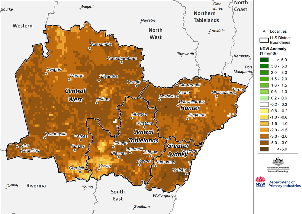 Figure 18. Monthly NDVI anomaly map for the Central Tablelands, Central West, Hunter and Greater Sydney regions For an accessible explanation of this map contact the author kim.broadfoot@dpi.nsw.gov.au