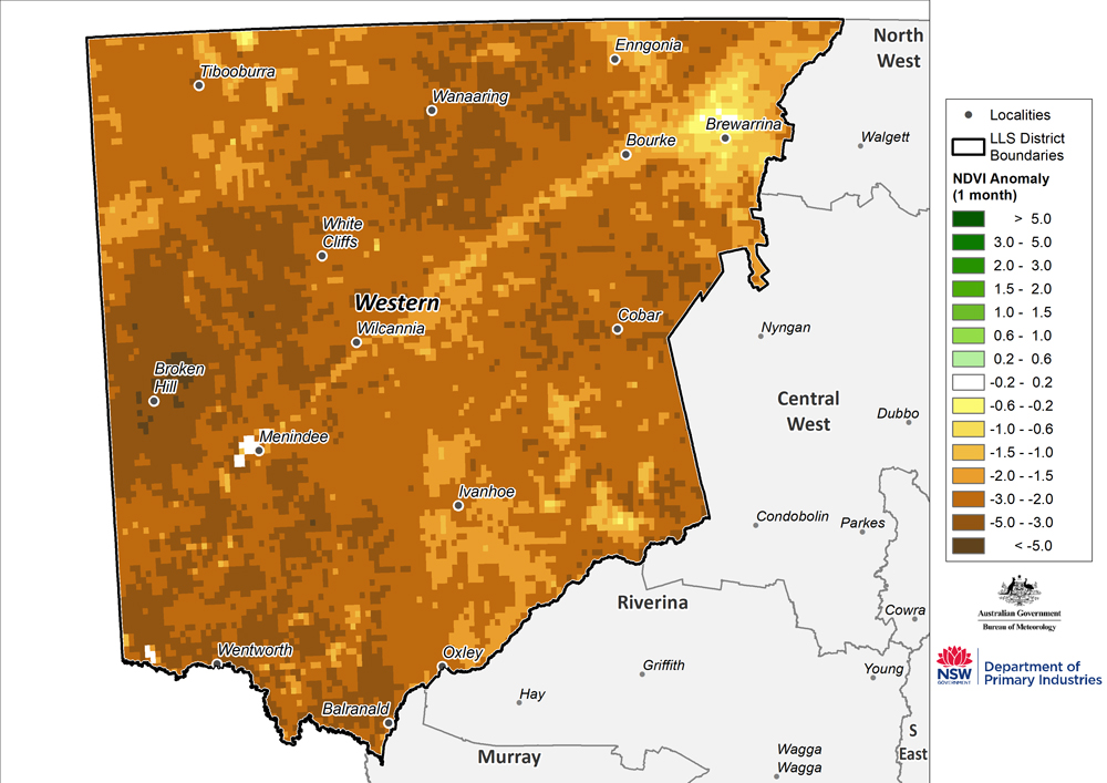 Figure 15. Monthly NDVI anomaly map for the Western Region For an accessible explanation of this diagram contact the author kim.broadfoot@dpi.nsw.gov.au