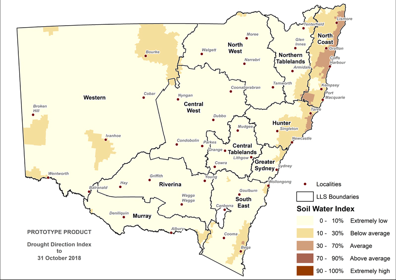 Figure 8. Soil Water Index (SWI) to 31 October 2018 For an accessible explanation of this image contact the author kim.broadfoot@dpi.nsw.gov.au