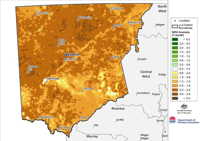 Figure 17. Monthly NDVI anomaly map for the Western Region For an accessible explanation of this image contact the author kim.broadfoot@dpi.nsw.gov.au