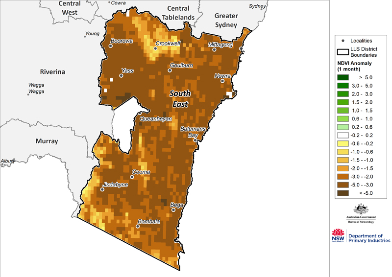 Figure 26. Monthly NDVI anomaly map for the South East region For an accessible explanation of this image contact the author kim.broadfoot@dpi.nsw.gov.au