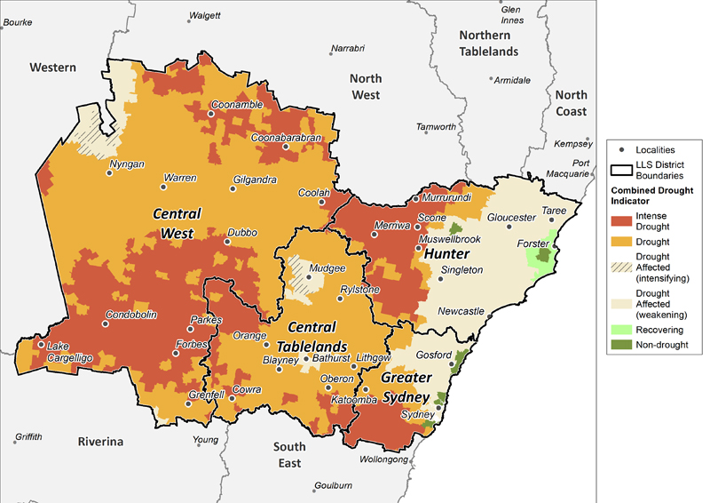 Figure 21. Combined Drought Indicator for the Central Tablelands, Central West, Hunter and Greater Sydney regions For an accessible explanation of this map contact the owner kim.braoadfoot@dpi.nsw.gov.au
