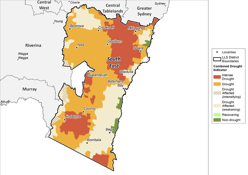 Figure 24. Combined Drought Indicator for the South East region For an accessible explanation of this map contact the owner kim.braoadfoot@dpi.nsw.gov.au