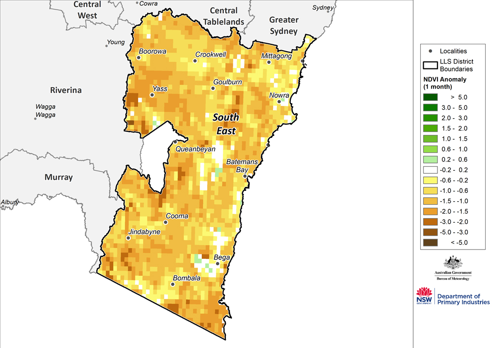 Figure 25. Monthly NDVI anomaly map for the South East region For an accessible explanation of this map contact the author kim.broadfoot@dpi.nsw.gov.au