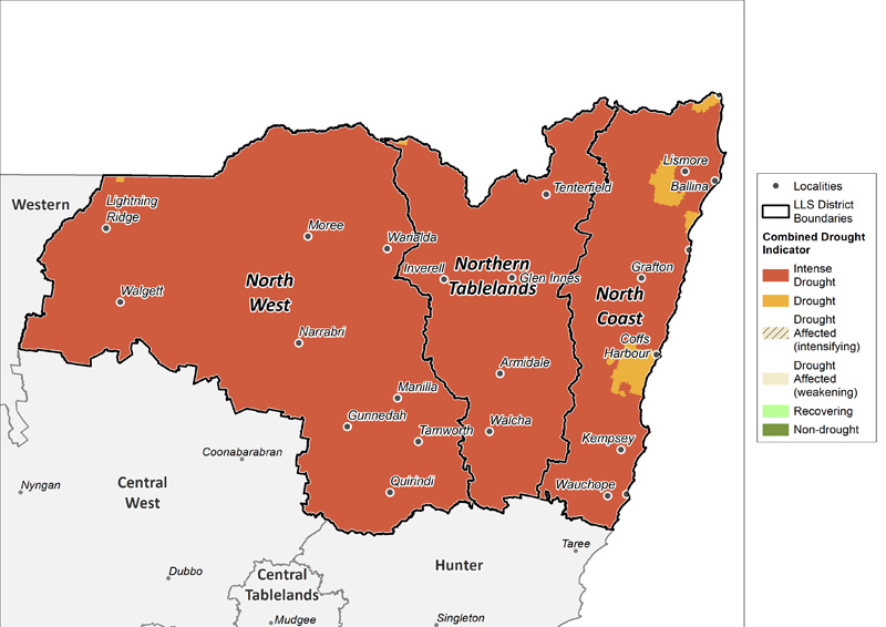 Figure 19. Combined Drought Indicator for the North West, Northern Tableland and North Coast regions For an accessible explanation of this map contact the author seasonal.conditions@dpi.nsw.gov.au