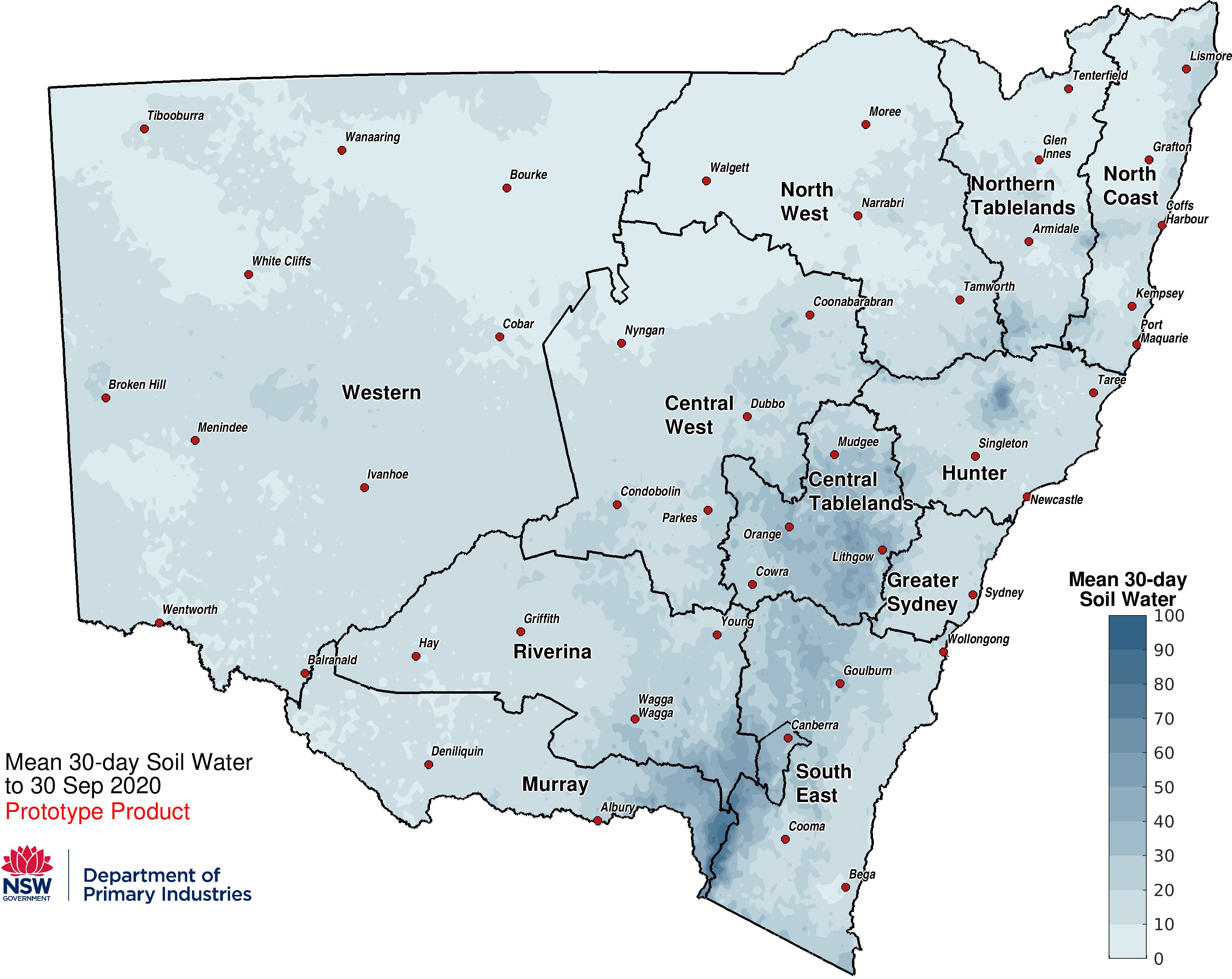 Figure 7a. Mean 30-Day Soil Water Index to 30 September 2020 For an accessible explanation of this map contact the author scott.wallace@dpi.nsw.gov.au