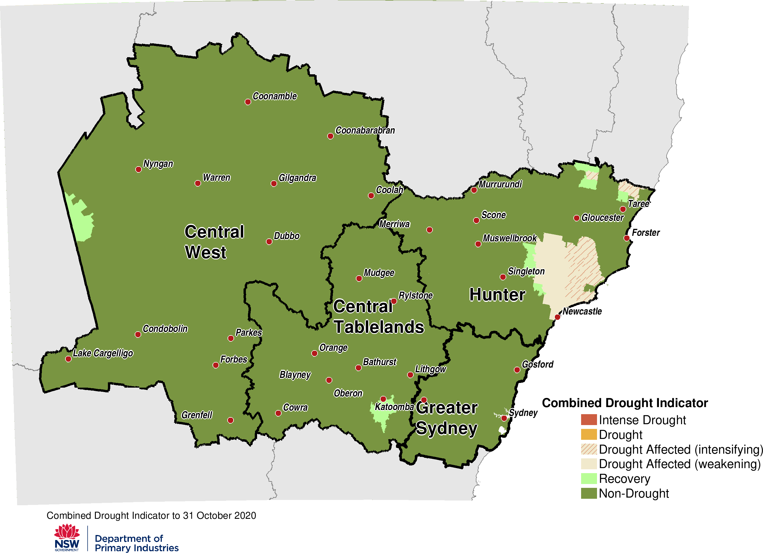 Figure 20. Combined Drought Indicator for the Central Tablelands, Central West, Hunter and Greater Sydney regions For an accessible explanation of this map contact the author seasonal.conditions@dpi.nsw.gov.au