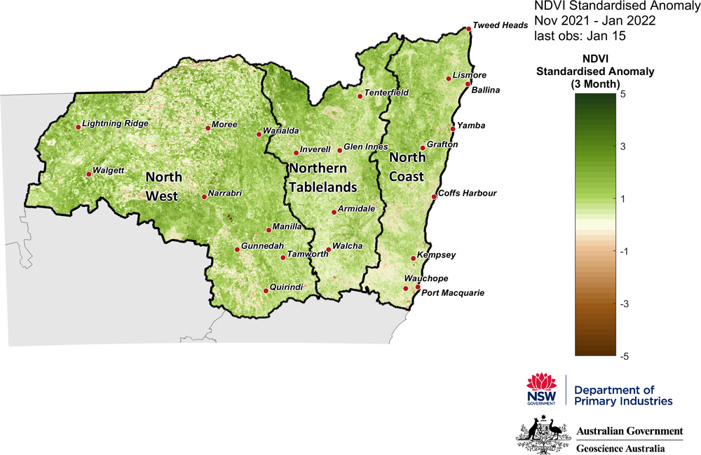 Figure 18. 3-month NDVI anomaly map for the North West, Northern Tableland and North Coast regions Figure 18. 3-month NDVI anomaly map for the North West, Northern Tableland and North Coast regions