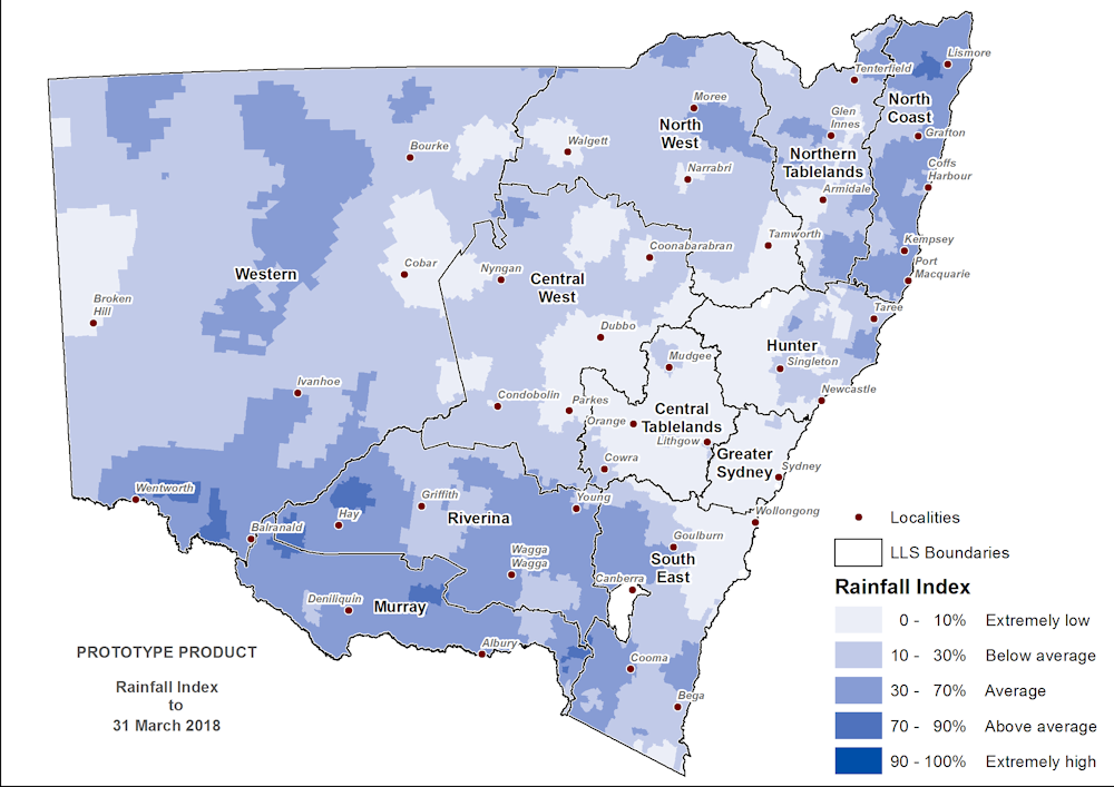 Figure 6. Rainfall Index (RI) to 31 March 2018 For an accessible explanation of this map contact the author kim.broadfoot@dpi.nsw.gov.au