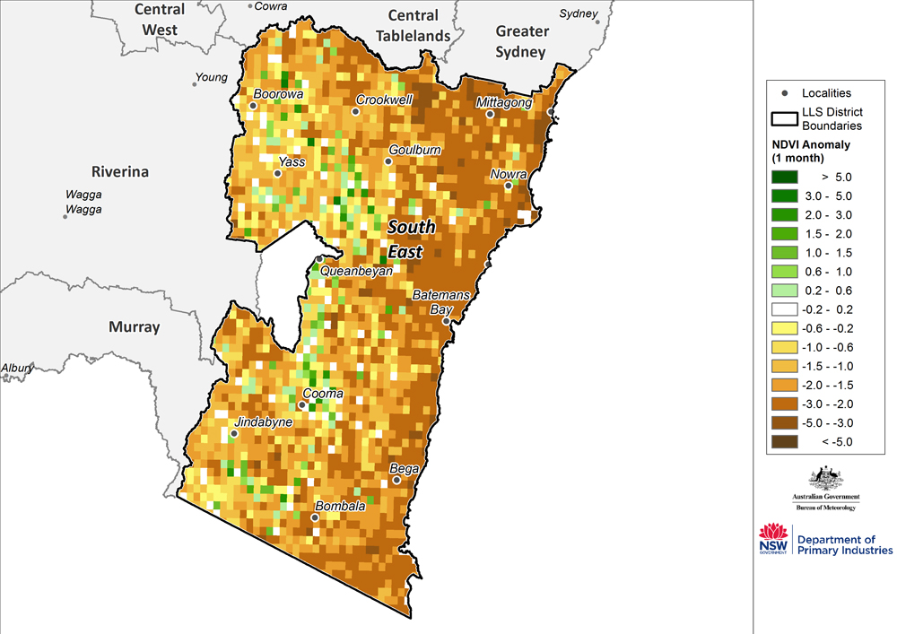 Figure 20. Monthly NDVI anomaly map for the South East region (note data quality problems in NDVI data) For an accessible explanation of this map contact the author kim.broadfoot@dpi.nsw.gov.au
