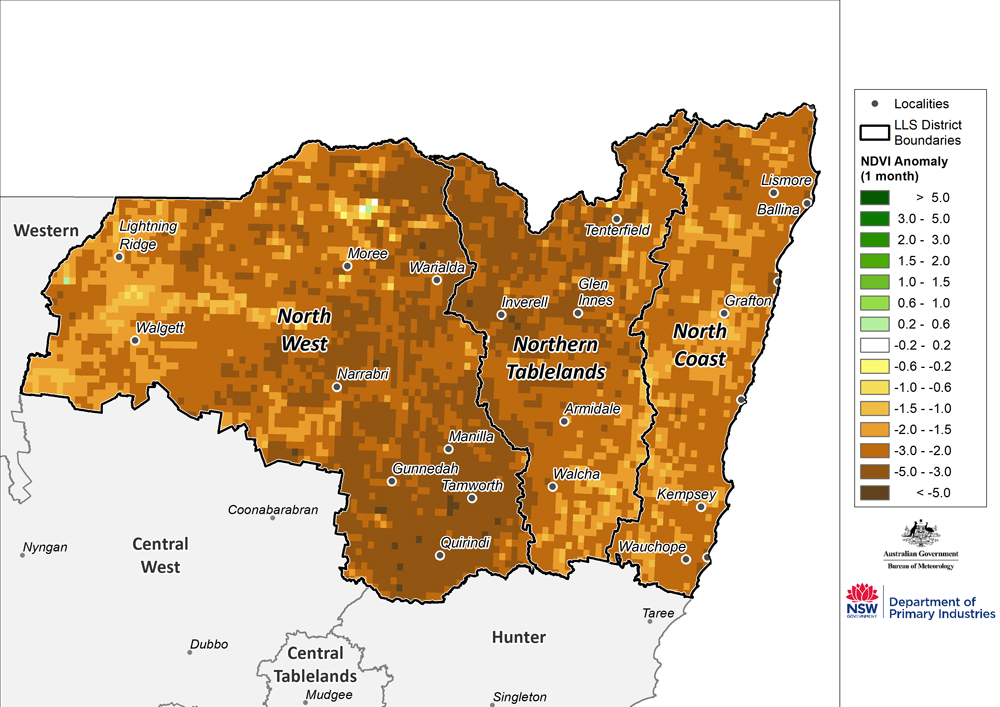 Figure 18. Monthly NDVI anomaly map for the North West, Northern Tableland and North Coast regions For an accessible explanation of this image contact the author kim.braodfoot@dpi.nsw.gov.au