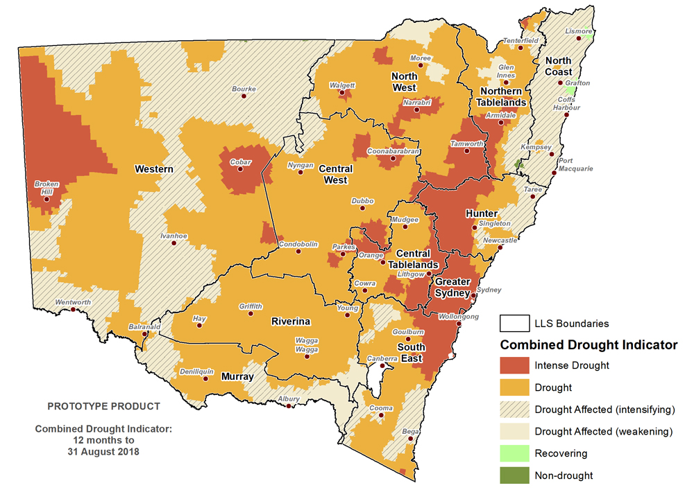 Figure 1. Verified NSW Combined Drought Indicator to 31 August 2018 Map