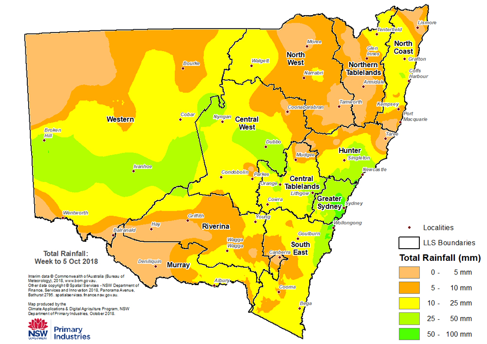 Figure 3. Interim rainfall data for the week to 5 October 2018 For an accessible explanation of this image contact the author kim.braodfoot@dpi.nsw.gov.au
