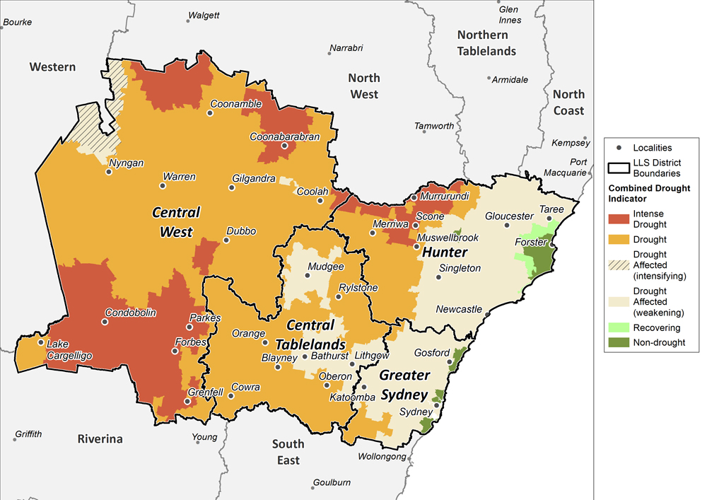 Figure 21. Combined Drought Indicator for the Central Tablelands, Central West, Hunter and Greater Sydney regions For an accessible explanation of this map contact the author kim.broadfoot@dpi.nsw.gov.au