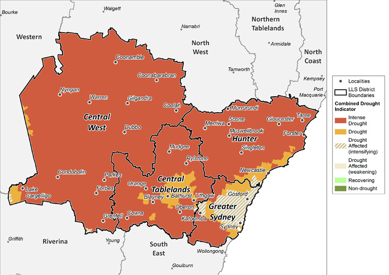 Figure 22. Combined Drought Indicator for the Central Tablelands, Central West, Hunter and Greater Sydney regions For an accessible explanation of this map contact the author seasonal.conditions@dpi.nsw.gov.au