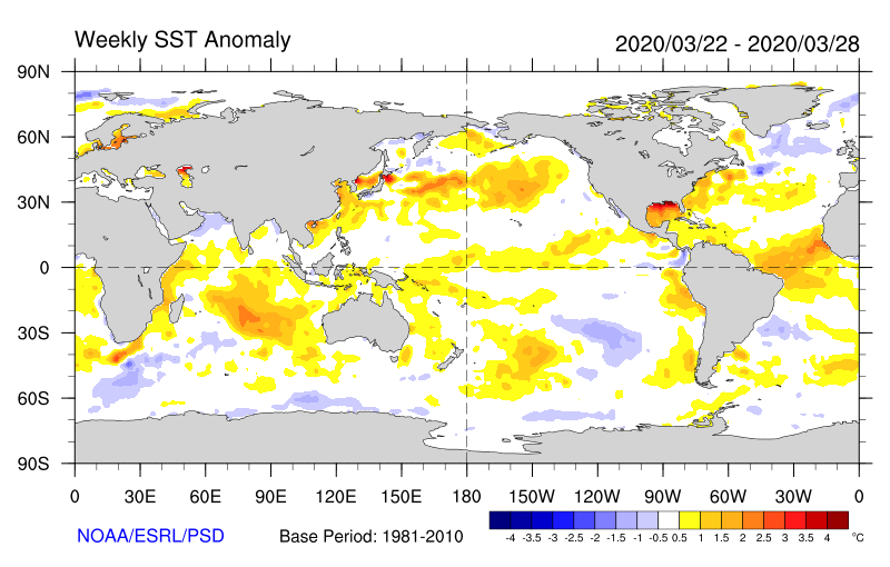 Figure 33. Weekly sea surface temperature anomalies (Source: NOAA) For an accessible explanation of this image contact the author seasonal.conditions@dpi.nsw.gov.au