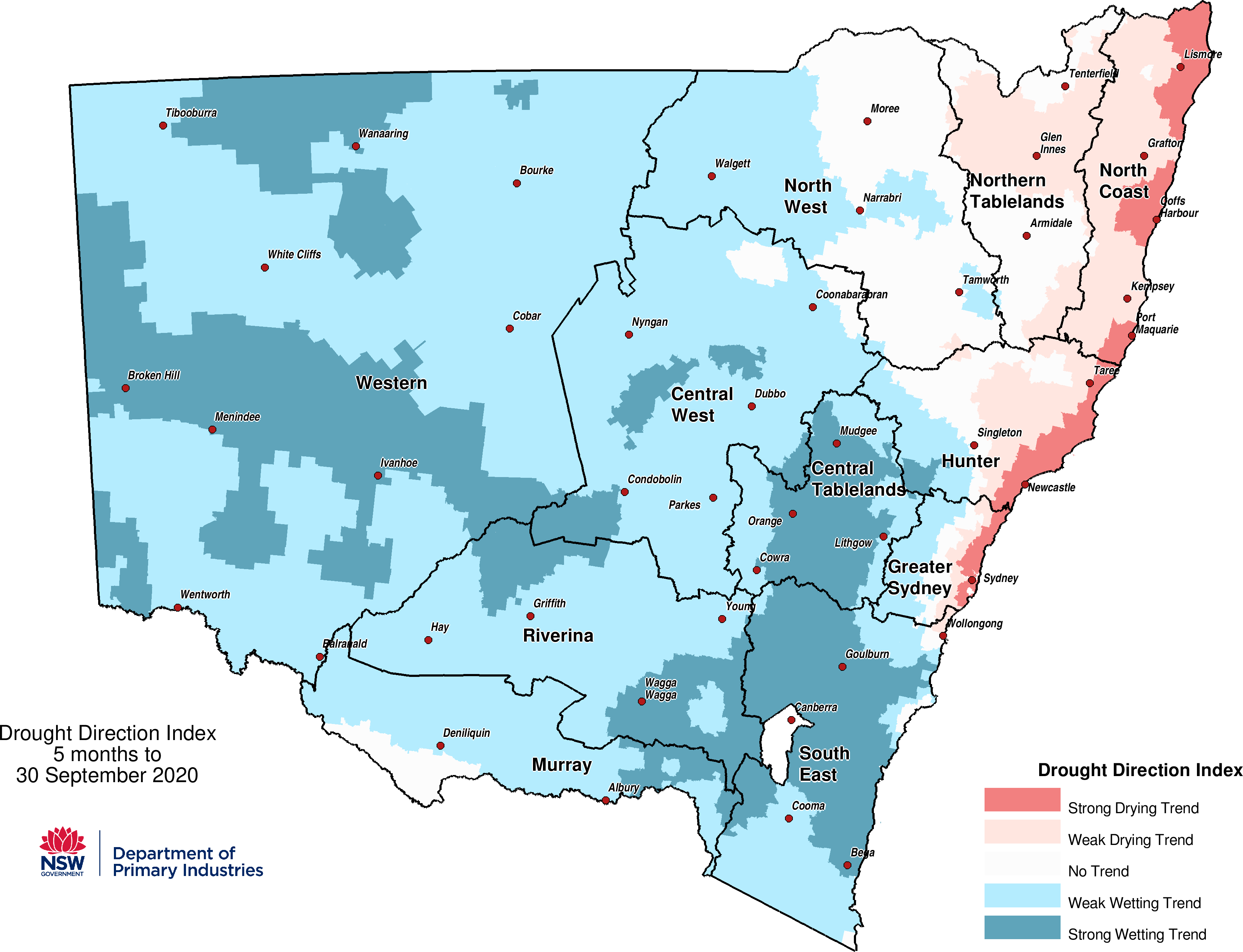 Figure 11. Drought Direction Index (DDI) to 30 September 2020 For an accessible explanation of this map contact the author scott.wallace@dpi.nsw.gov.au