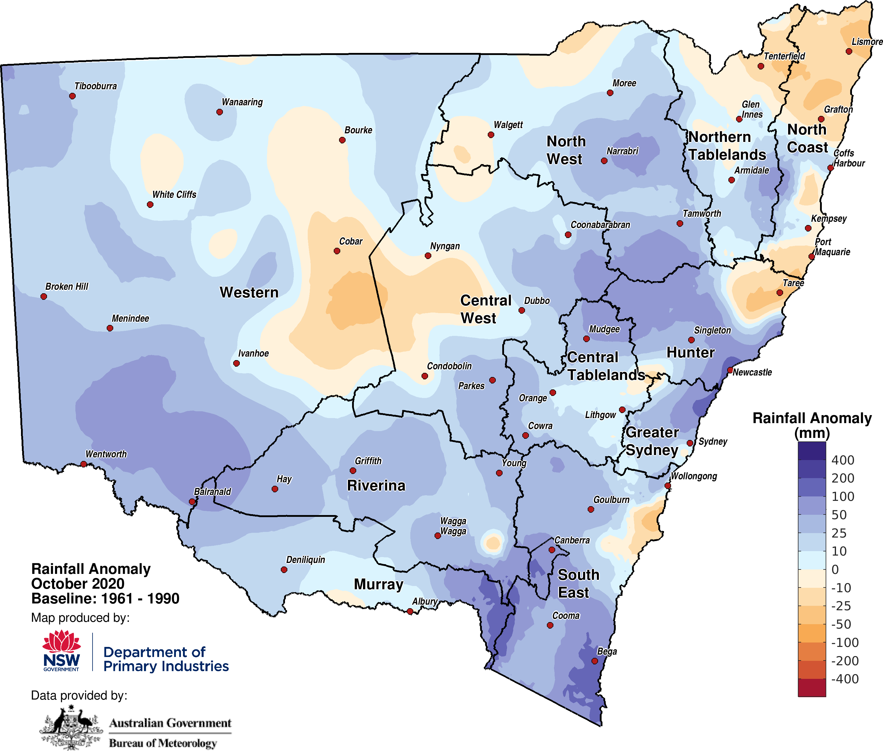 Figure 2a. Rainfall anomaly – October 2020 For an accessible explanation of this map contact the author seasonal.conditions@dpi.nsw.gov.au