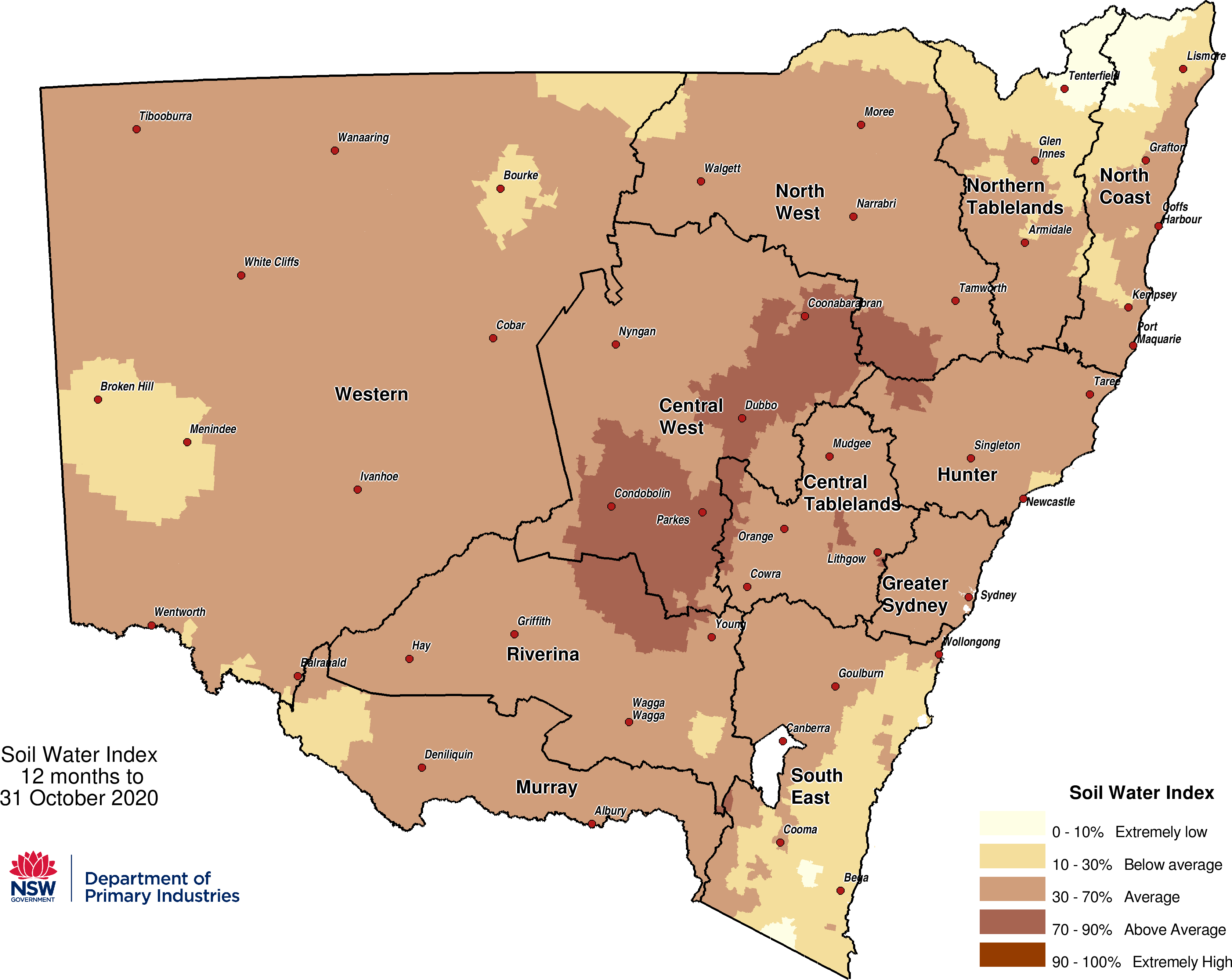 Figure 6. Soil Water Index (SWI) to 31 October 2020 For an accessible explanation of this map contact the author seasonal.conditions@dpi.nsw.gov.au