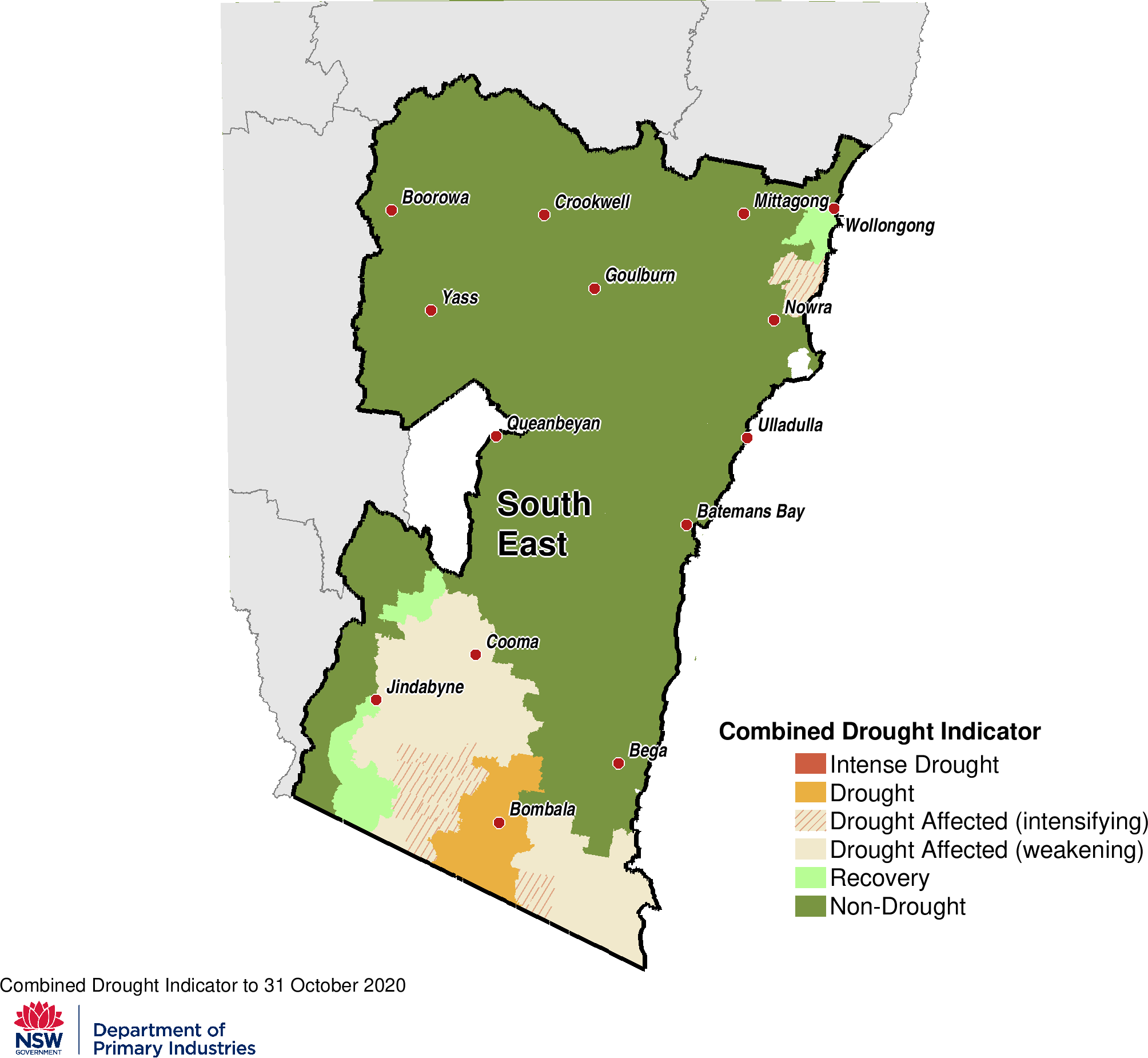 Figure 23. Combined Drought Indicator for the South East region For an accessible explanation of this map contact the author seasonal.conditions@dpi.nsw.gov.au