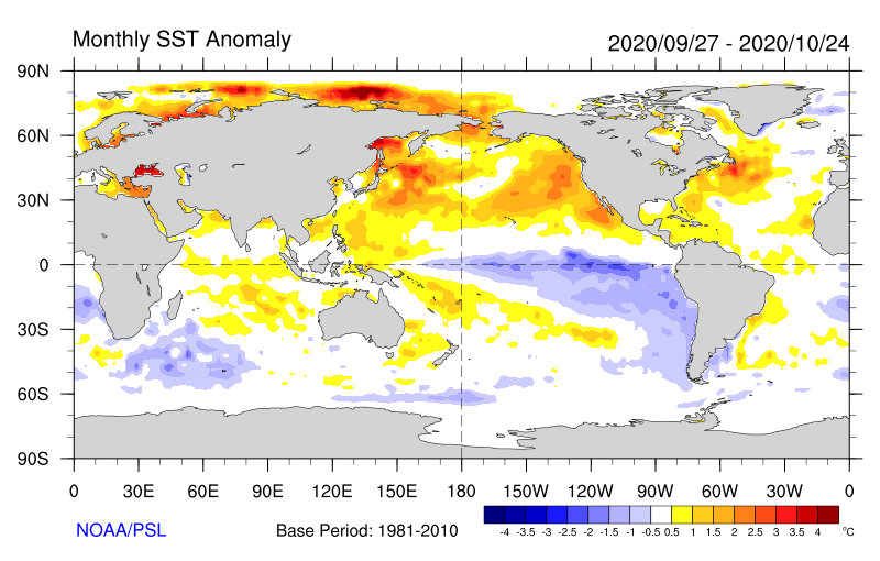 Figure 30. Monthly sea surface temperature anomalies (Source: NOAA) For an accessible explanation of this map contact the author seasonal.conditions@dpi.nsw.gov.au