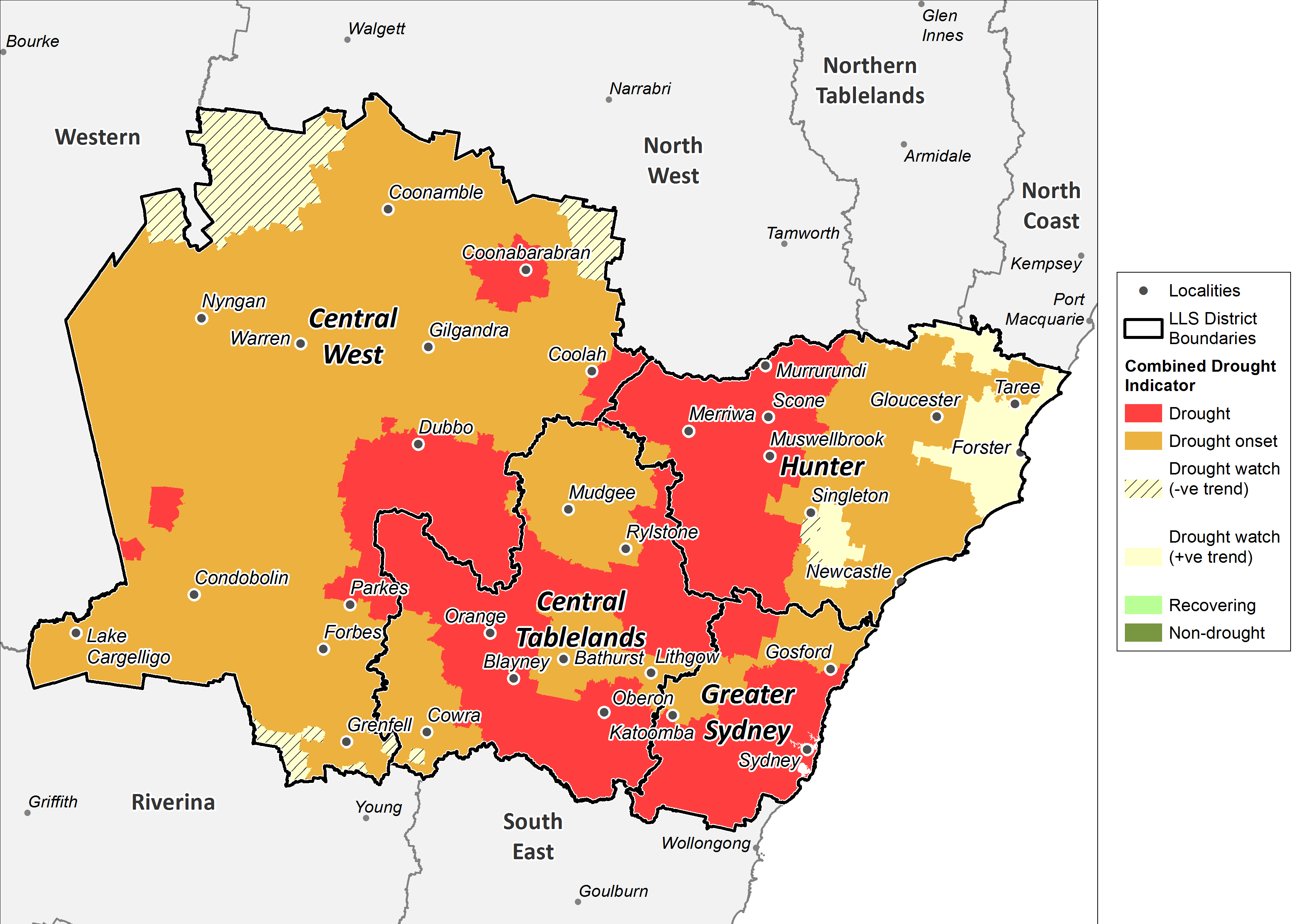 Figure 17. Combined Drought Indicator for the Central Tablelands, Central West, Hunter and Greater Sydney regions For an accessible explanation of this map contact the author anthony.clark@dpi.nsw.gov.au
