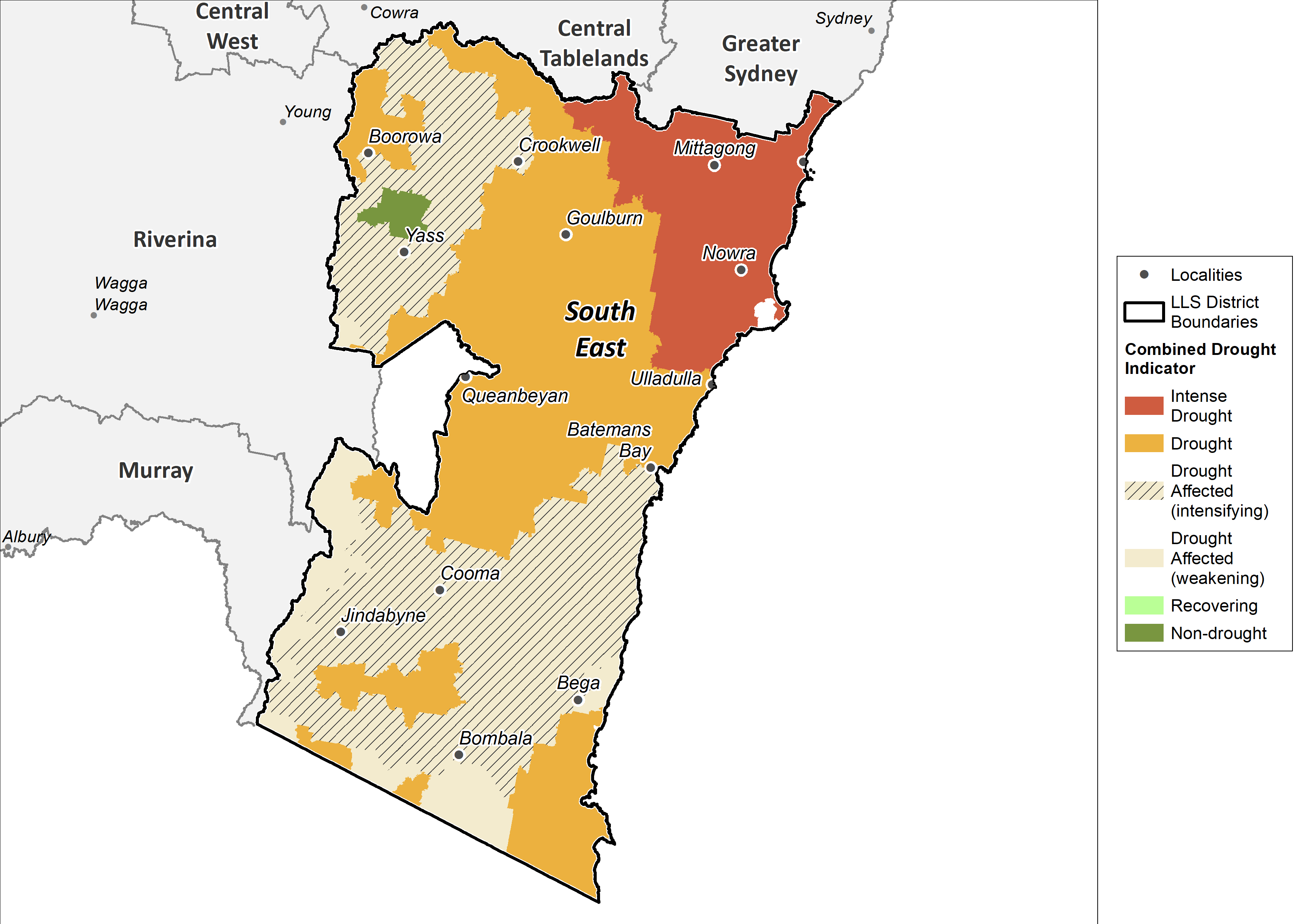 Figure 19. Combined Drought Indicator for the South East region For an accessible explanation of this map contact the author kim.broadfoot@dpi.nsw.gov.au