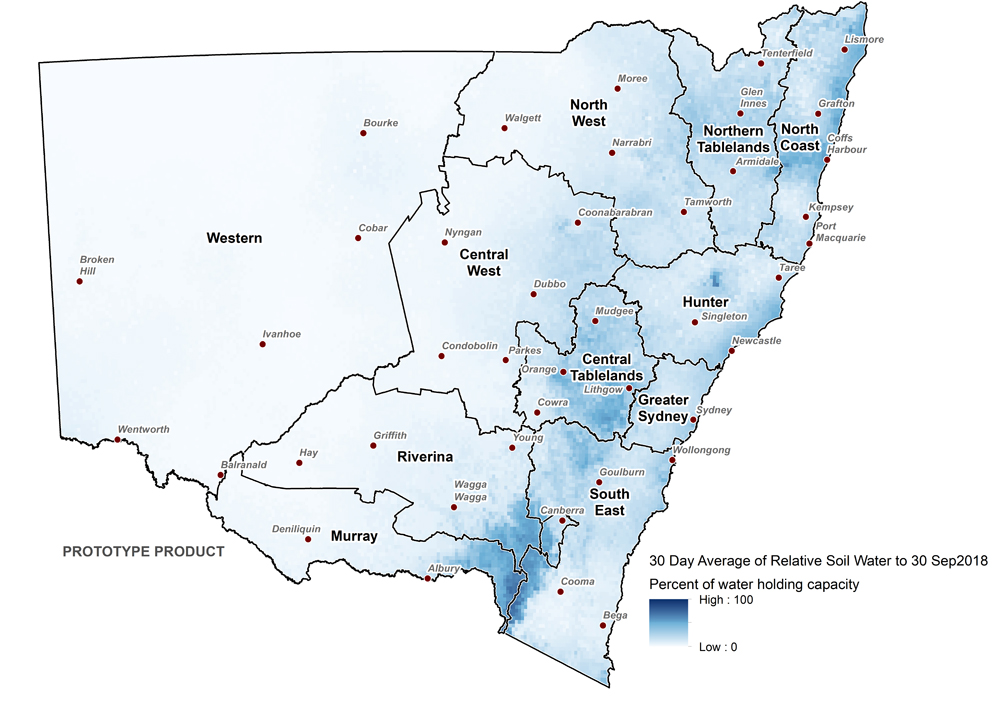 Figure 8. Short term agronomic data (Relative Soil Water) for the month of September 2018. For an accessible explanation of this image contact the author kim.braodfoot@dpi.nsw.gov.au
