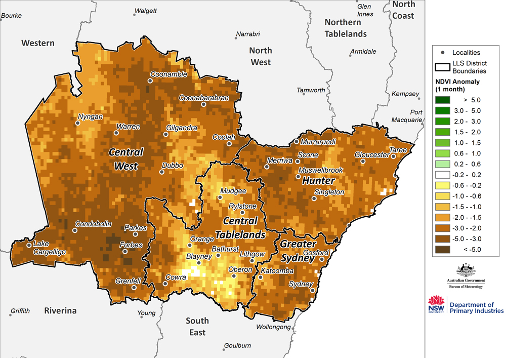 Figure 25. Monthly NDVI anomaly map for the Central Tablelands, Central West, Hunter and Greater Sydney regions For an accessible explanation of this image contact the author kim.braodfoot@dpi.nsw.gov.au