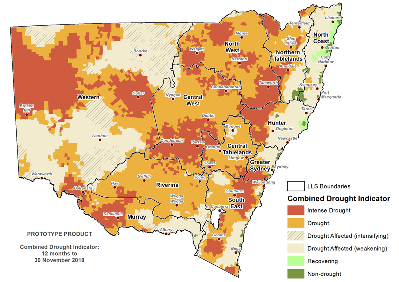 Figure 1. Verified NSW Combined Drought Indicator to 30 November 2018 For an accessible explanation of this map contact the owner kim.braoadfoot@dpi.nsw.gov.au