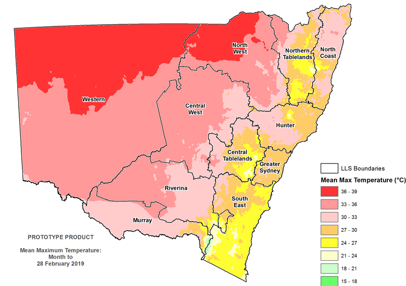 Figure 3. Average daytime temperature February 2019 For an accessible explanation of this image contact scott.wallace@dpi.nsw.gov.au