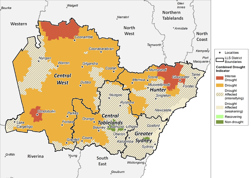Figure 21. Combined Drought Indicator for the Central Tablelands, Central West, Hunter and Greater Sydney regions For an accessible explanation of this map contact the author kim.broadfoot@dpi.nsw.gov.au