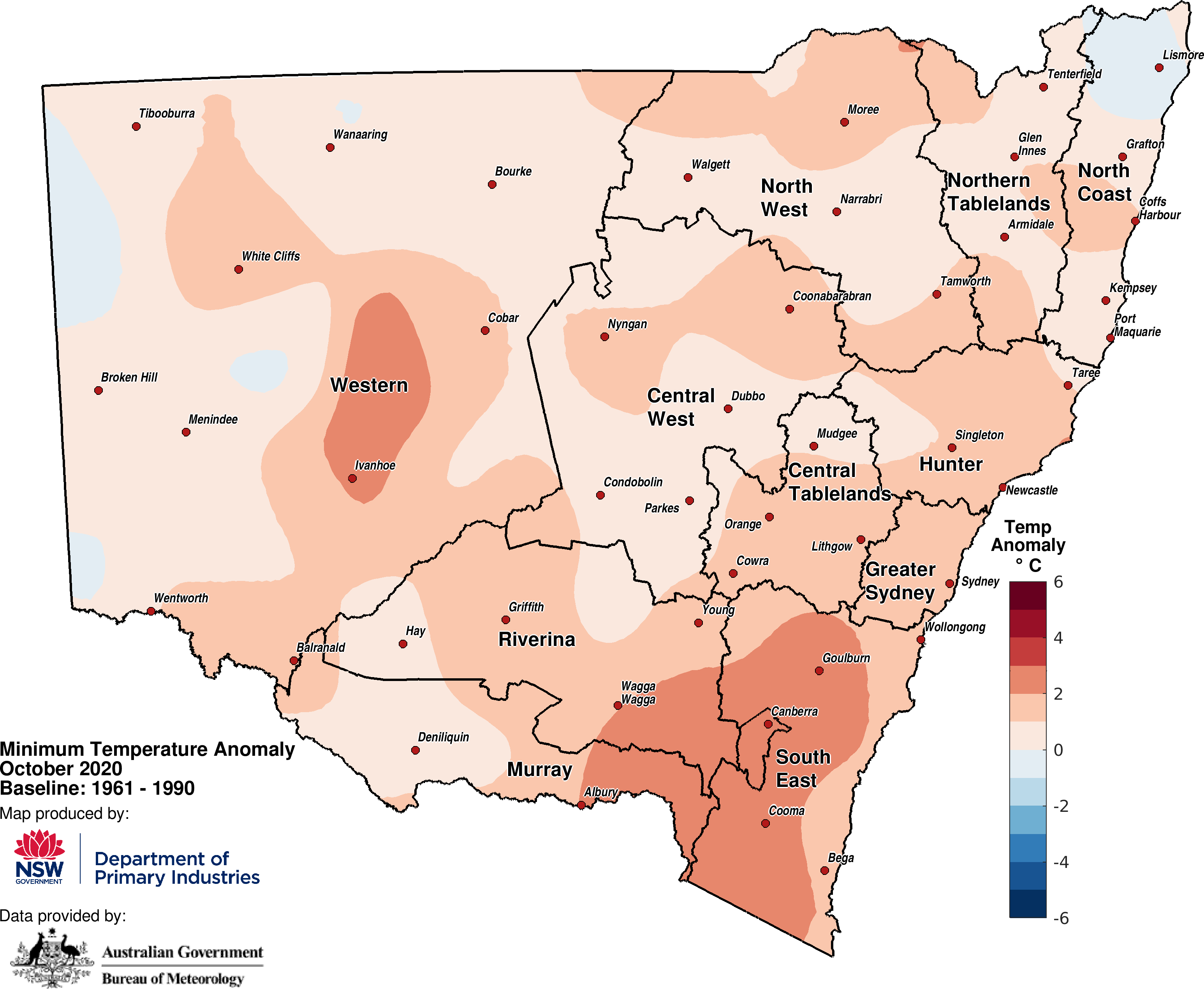 Figure 3c. Average minimum temperature anomaly– October 2020 For an accessible explanation of this map contact the author seasonal.conditions@dpi.nsw.gov.au