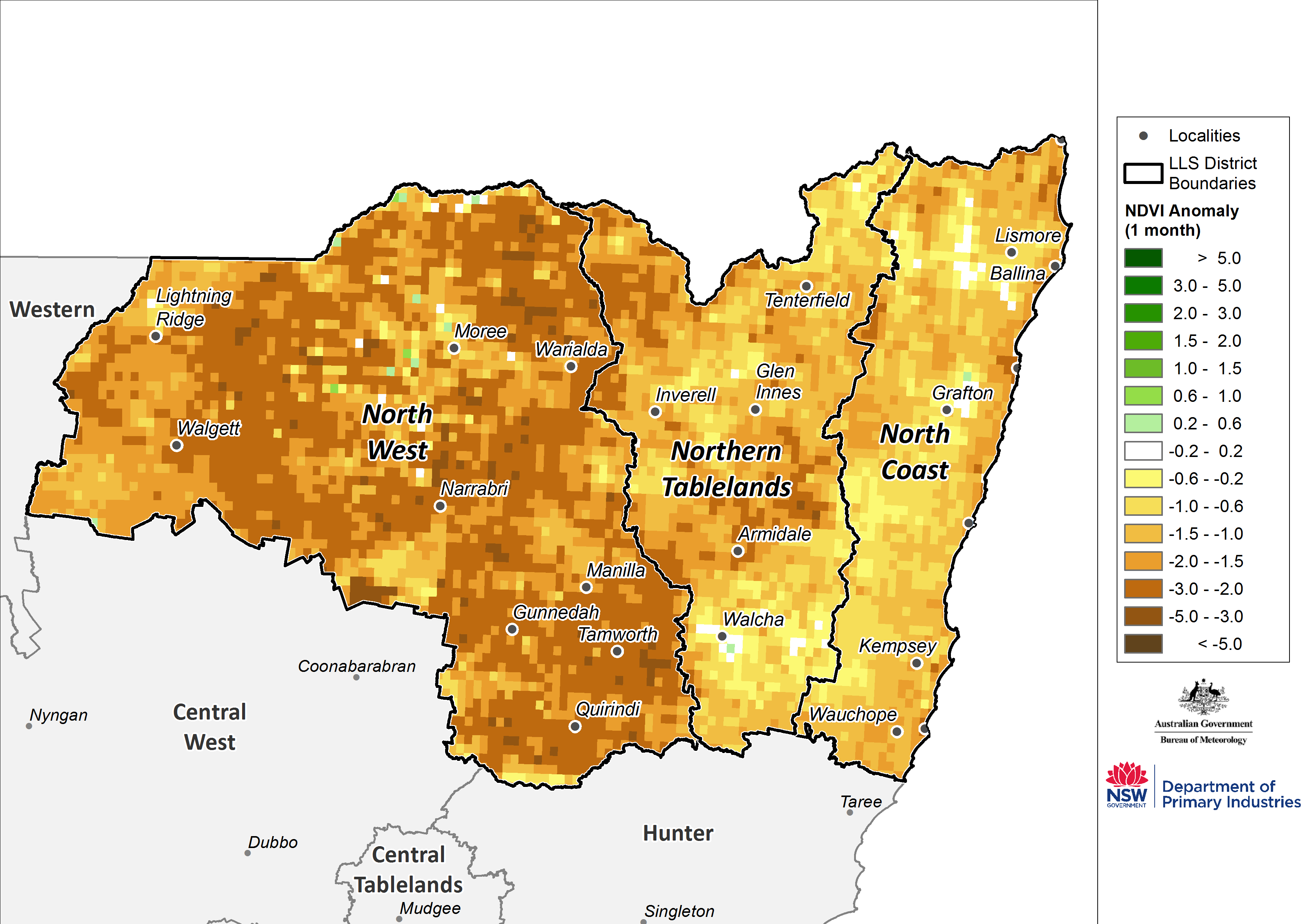 Figure 16. Monthly NDVI anomaly map for the North West, Northern Tableland and North Coast regions For an accessible explanation of this map contact the author anthony.clark@dpi.nsw.gov.au