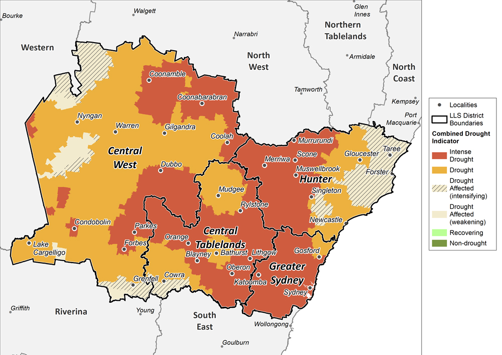 Figure 20. Combined Drought Indicator for the Central Tablelands, Central West, Hunter and Greater Sydney regions For an accessible explanation of this image contact the author kim.braodfoot@dpi.nsw.gov.au