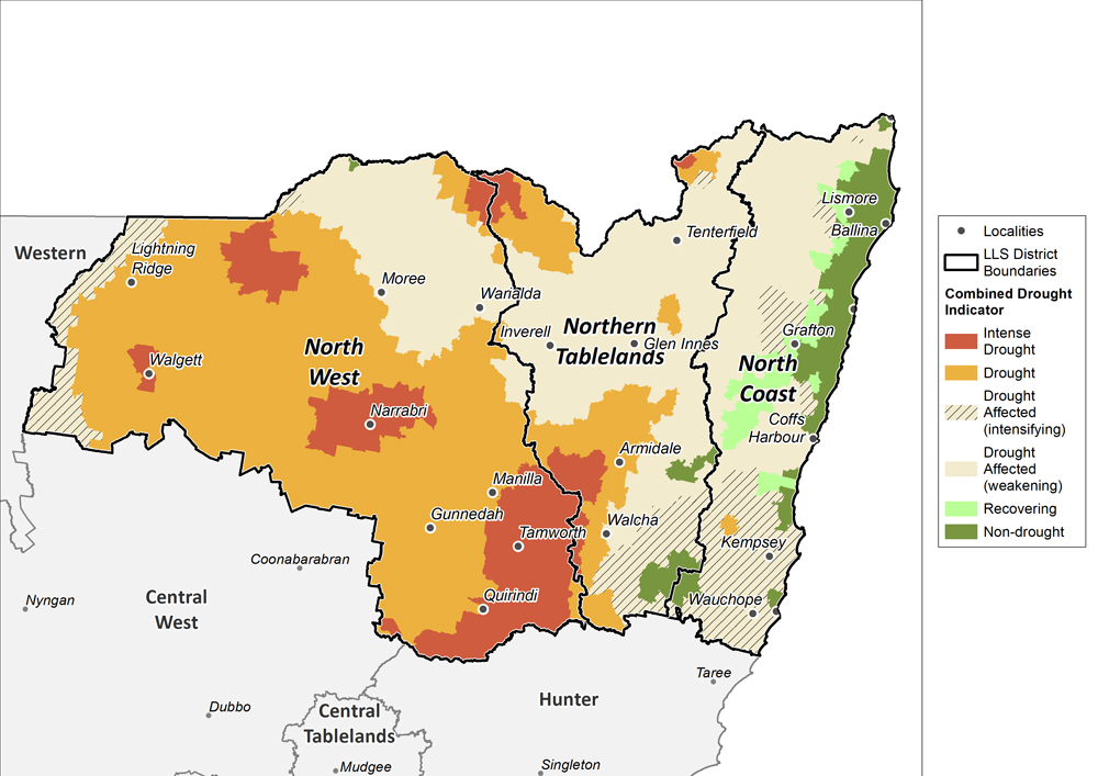 Figure 21. Combined Drought Indicator for the North West, Northern Tableland and North Coast regions For an accessible explanation of this image contact the author kim.braodfoot@dpi.nsw.gov.au