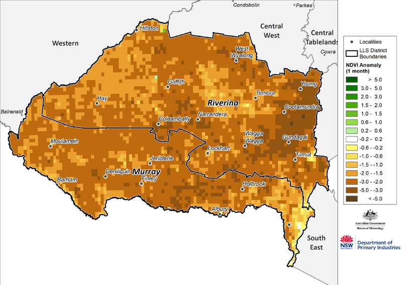 Figure 14. Monthly NDVI anomaly map for the Murray and Riverina regions For an accessible explanation of this image contact the author kim.broadfoot@dpi.nsw.gov.au