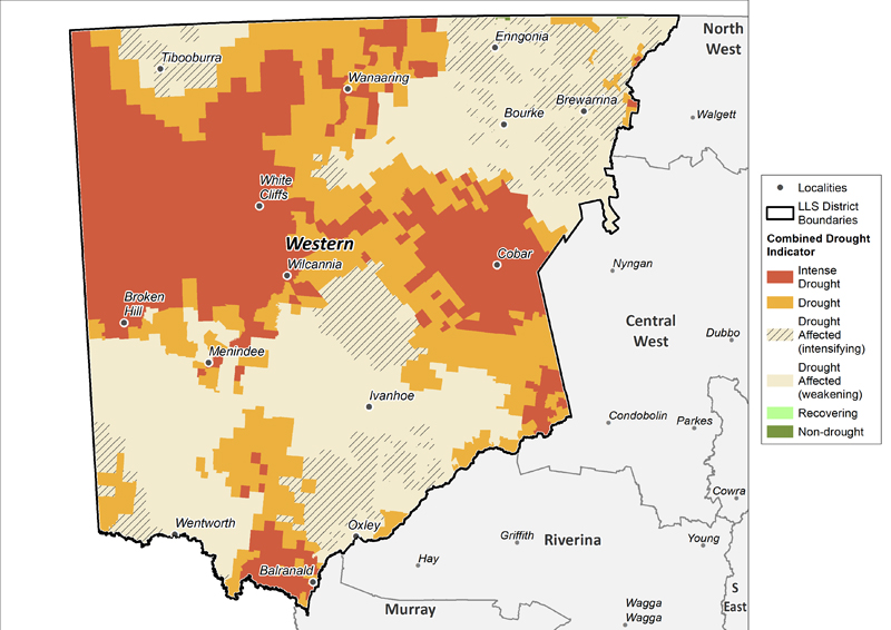 Figure 15. Combined Drought Indicator for the Western region For an accessible explanation of this map contact the owner kim.braoadfoot@dpi.nsw.gov.au