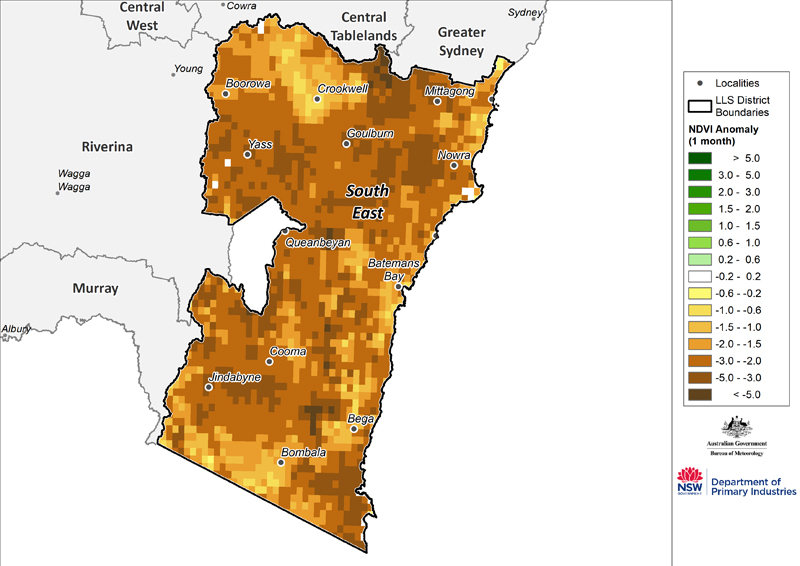 Figure 25. Monthly NDVI anomaly map for the South East region For an accessible explanation of this map contact the owner kim.braoadfoot@dpi.nsw.gov.au
